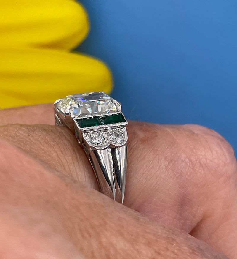 1980s Vintage GIA 3.77ctw Radiant cut DIAMOND & Green EMERALDs Platinum Ring