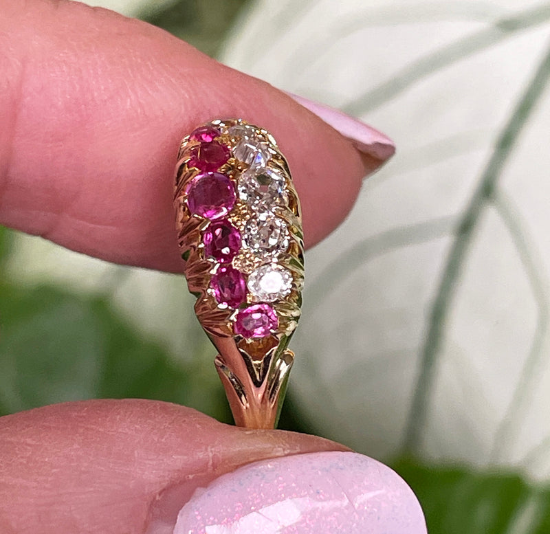 Victorian GIA No-Heat Burmese Pink Sapphires & Old Mine Diamond Double Rows Yellow Gold Band Ring
