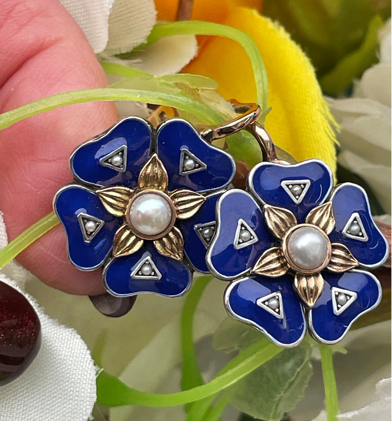 IMPERIAL RUSSIAN 14k Rose Gold Flower Pearls Blue Guilloche Enamel Drop Earrings
