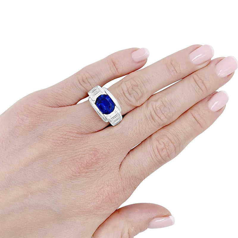 French MAUBOUSSIN 'ALESSANDRA' GIA 5.60ctw Blue Sapphire and Diamond Dress 18k White Gold Ring