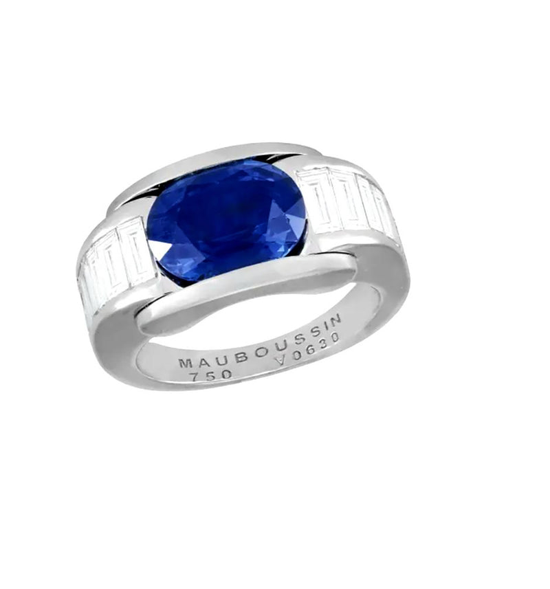 French MAUBOUSSIN 'ALESSANDRA' GIA 5.60ctw Blue Sapphire and Diamond Dress 18k White Gold Ring