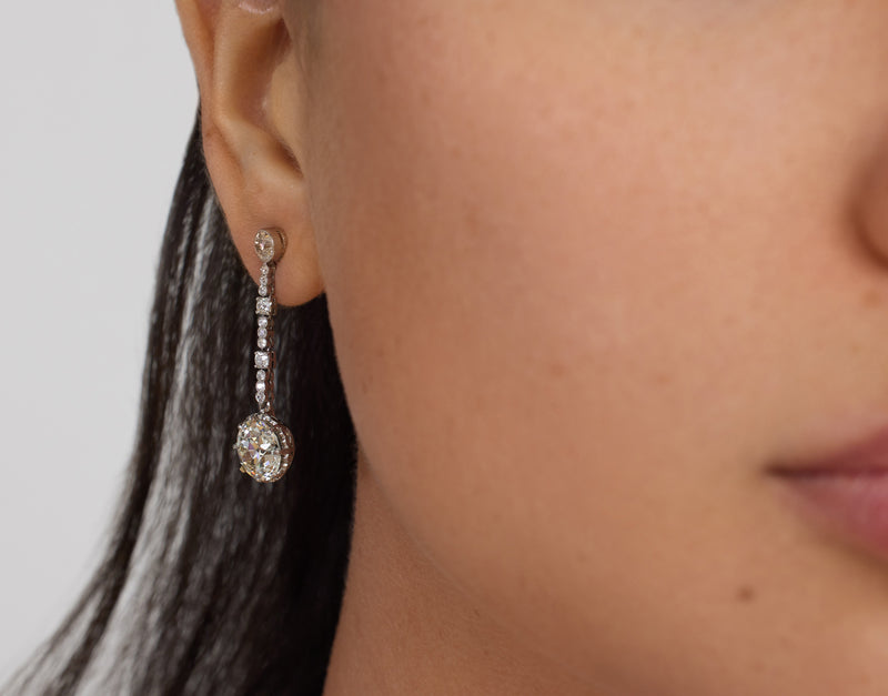 Art Deco 1920s GIA 6.53ct Old European Diamond Drop HANGING Platinum Earrings