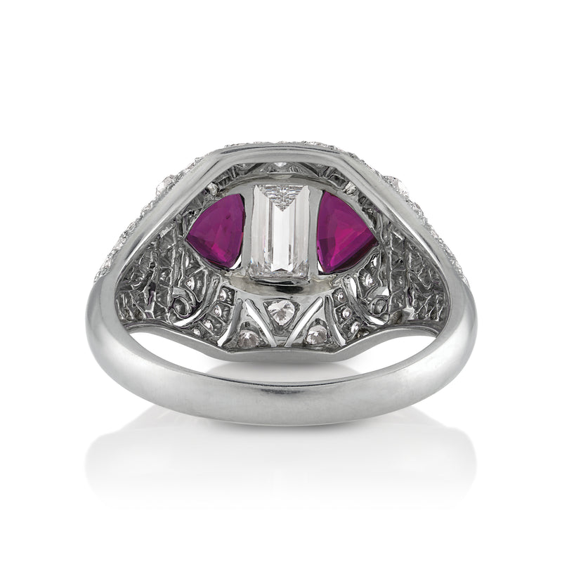 Art Deco ctw GIA I-VS1 Carre Emerald Cut Diamond and Ruby Platinum Ring
