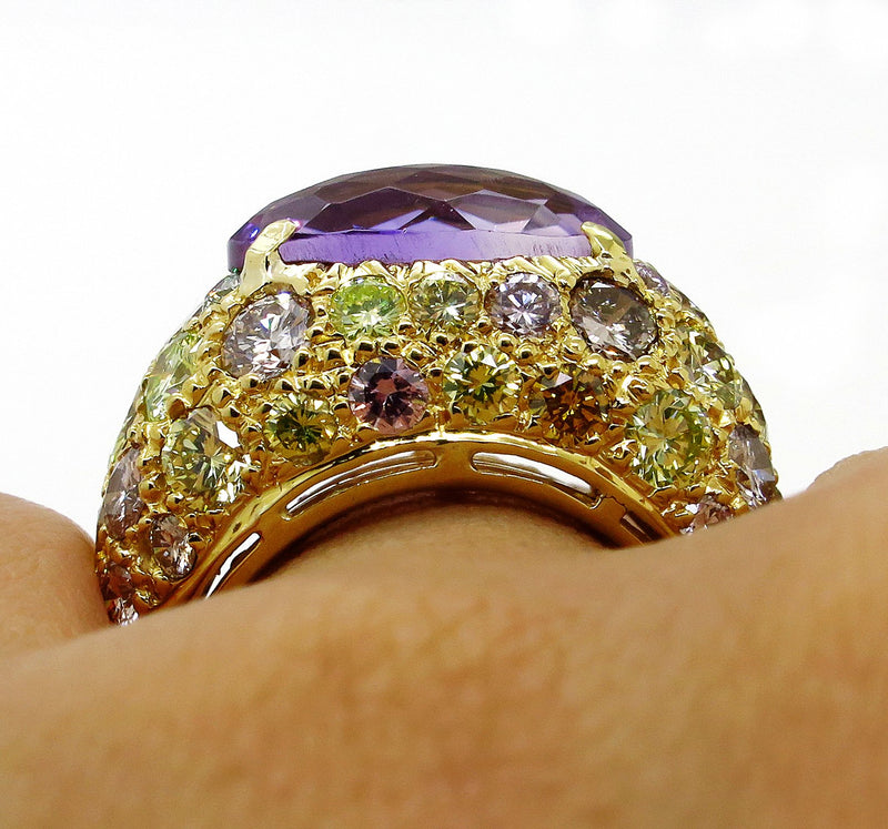 10.68ct Natural Fancy MULTICOLORED DIAMONDS & Amethyst Dome 18K Yellow Vintage RING | Treasurly by Dima - Exquisite Diamonds and Fine Quality Antique, Vintage, and Estate Jewelry