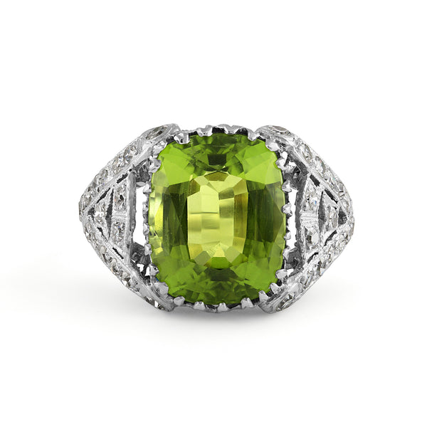 Edwardian GIA 7.87ct PERIDOT & DIAMOND Platinum Antique Vintage Ring | Treasurly by Dima - Exquisite Diamonds and Fine Quality Antique, Vintage, and Estate Jewelry
