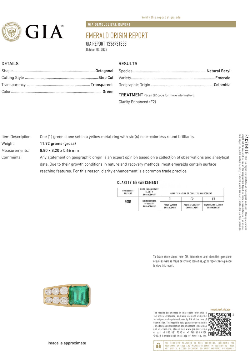 Vintage GIA 4.20ctw Natural Colombian Green Emerald Diamond 18k Yellow Gold Ring, Unisex