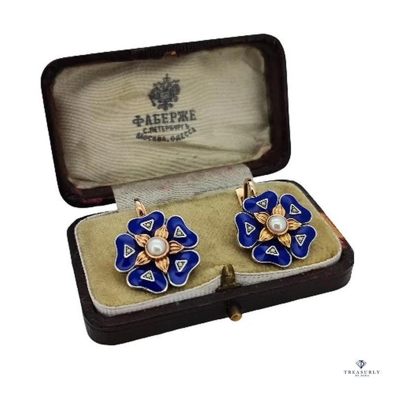 IMPERIAL RUSSIAN 14k Rose Gold Flower Pearls Blue Guilloche Enamel Drop Earrings