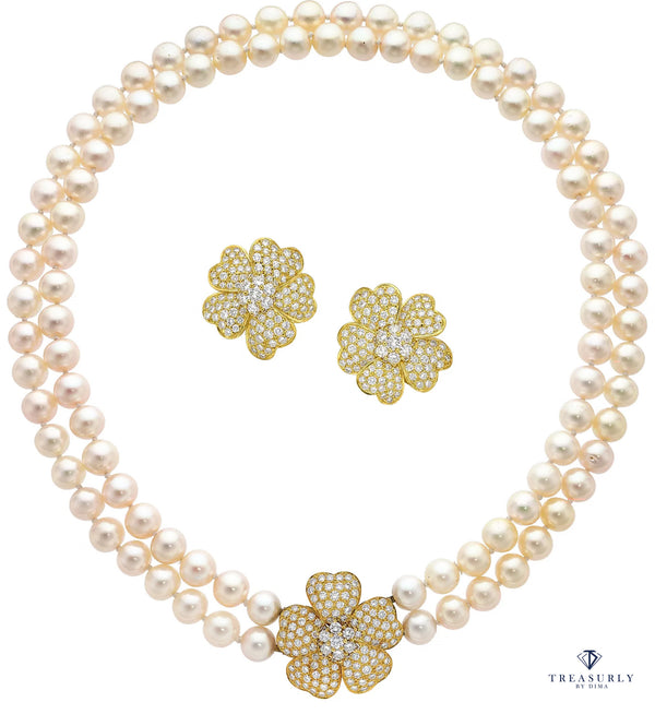 7.30ct Diamond Convertible Fine Akoya 8-8.5mm Japanese Cultured Pearl 18K Gold Jewelry Vintage Suite, Flower Necklace Earrings