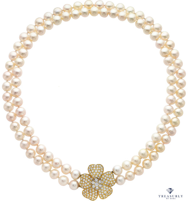 2.80ctw Diamond Flower Convertible Fine Akoya 8-8.5mm Cultured White Double Strand Japanese PEARL 18K Gold Vintage NECKLACE