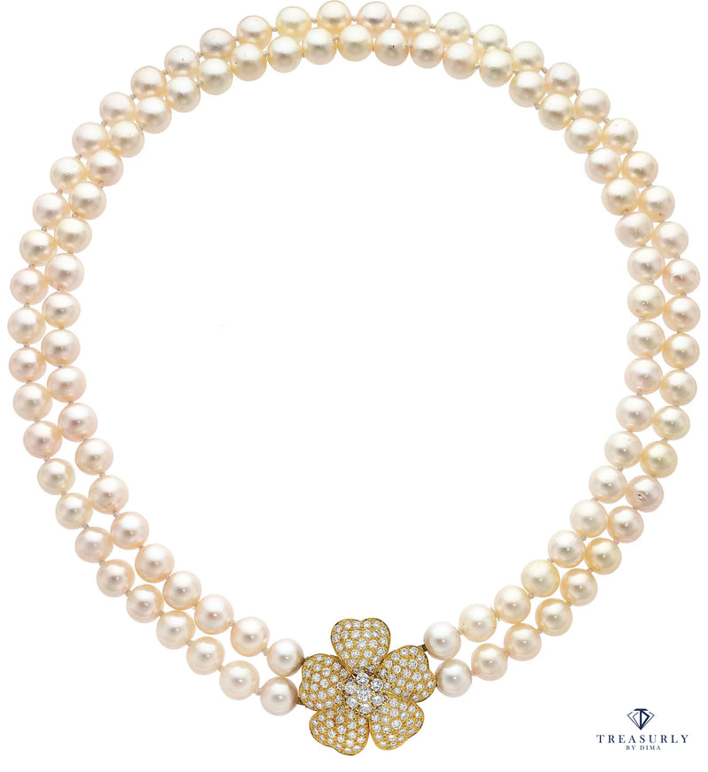 2.80ctw Diamond Flower Convertible Fine Akoya 8-8.5mm Cultured White Double Strand Japanese PEARL 18K Gold Vintage NECKLACE