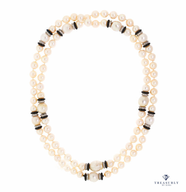 Art Deco 1920s Long Strand GIA Saltwater South Sea Akoya Cultured Pearl w/ Black Enamel & Diamond Rondelles Platinum 18K WG Antique Necklace