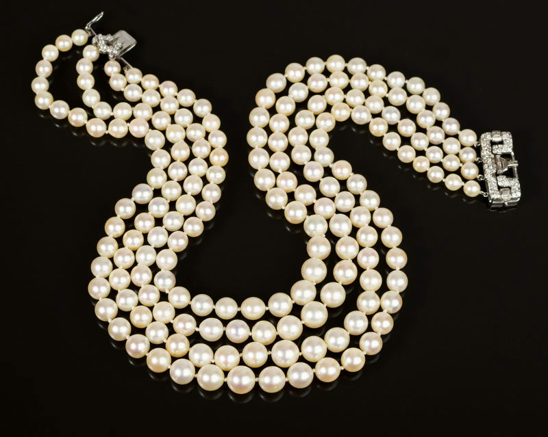 Art Deco GIA Multi Strand Vintage Graduated Saltwater Akoya PEARL NECKLACE Diamond Platinum Clasp