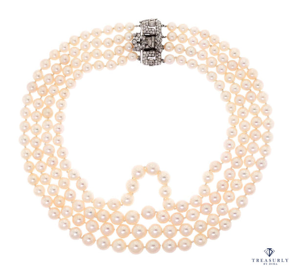 Art Deco GIA Multi Strand Vintage Graduated Saltwater Akoya PEARL NECKLACE Diamond Platinum Clasp