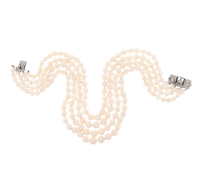 Art Deco GIA Multi Strand Vintage Graduated Saltwater Akoya PEARL NECKLACE Diamond Platinum Clasp