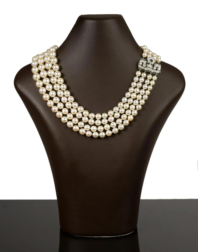 Art Deco GIA Multi Strand Vintage Graduated Saltwater Akoya PEARL NECKLACE Diamond Platinum Clasp