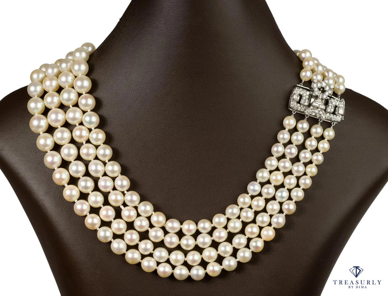 Art Deco GIA Multi Strand Vintage Graduated Saltwater Akoya PEARL NECKLACE Diamond Platinum Clasp