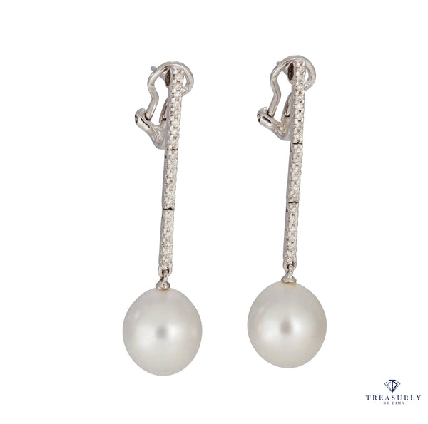 A Pair of South Sea Cultured Pearl 11.5mm 0.30ctw Diamond Pendant Drop Dangling 18k White Gold EARRINGS