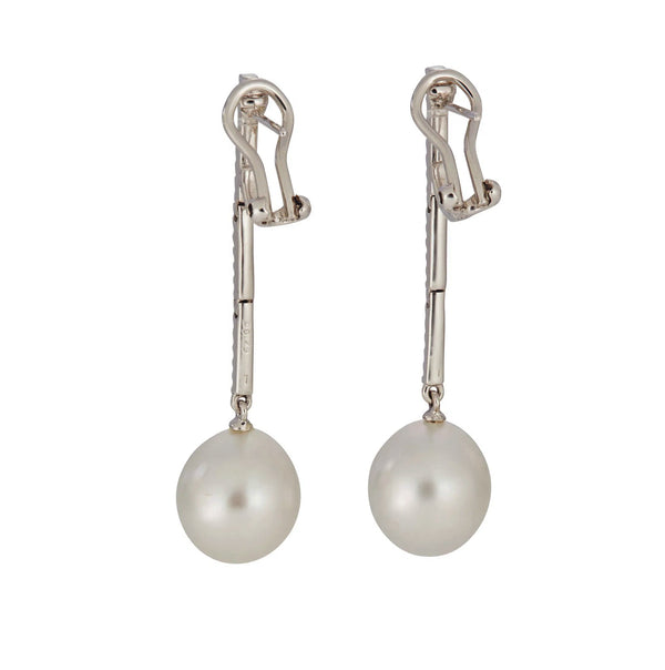 A Pair of South Sea Cultured Pearl 11.5mm 0.30ctw Diamond Pendant Drop Dangling 18k White Gold EARRINGS