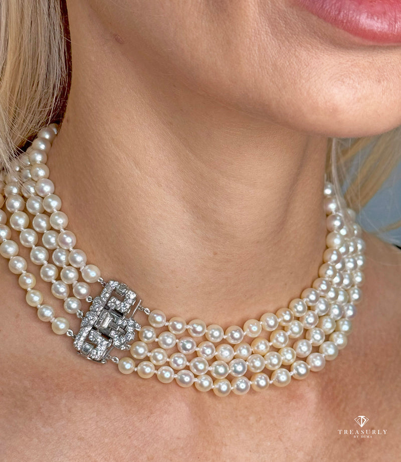 Art Deco GIA Multi Strand Vintage Graduated Saltwater Akoya PEARL NECKLACE Diamond Platinum Clasp