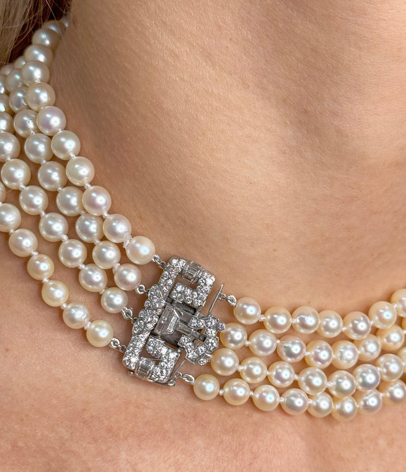 Art Deco GIA Multi Strand Vintage Graduated Saltwater Akoya PEARL NECKLACE Diamond Platinum Clasp