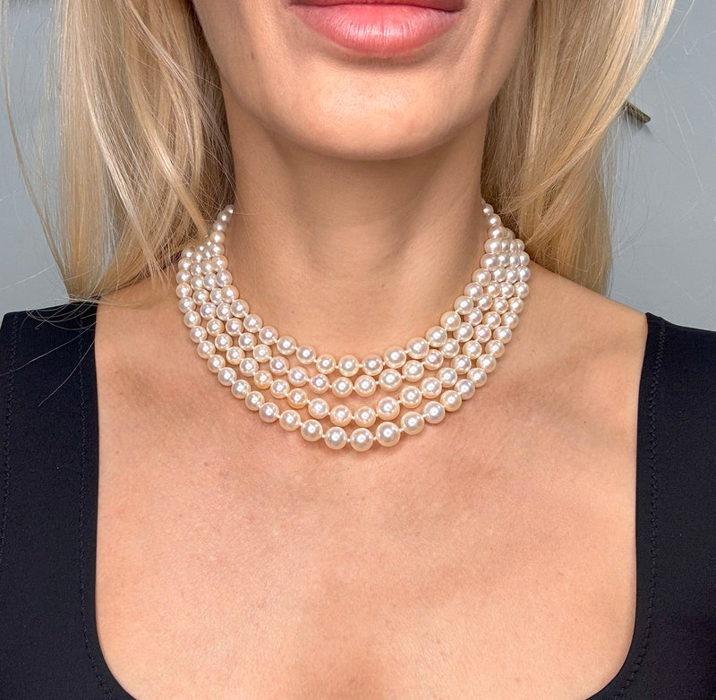 Art Deco GIA Multi Strand Vintage Graduated Saltwater Akoya PEARL NECKLACE Diamond Platinum Clasp