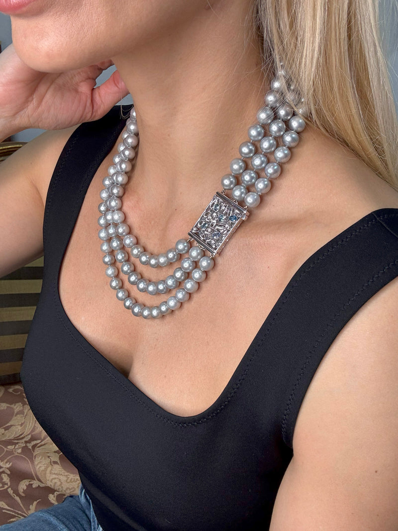 Multi Strand A DIAMOND, SAPPHIRE & Cultured Grey PEARL Necklace 18K White Gold