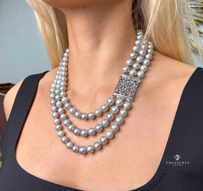 Multi Strand A DIAMOND, SAPPHIRE & Cultured Grey PEARL Necklace 18K White Gold