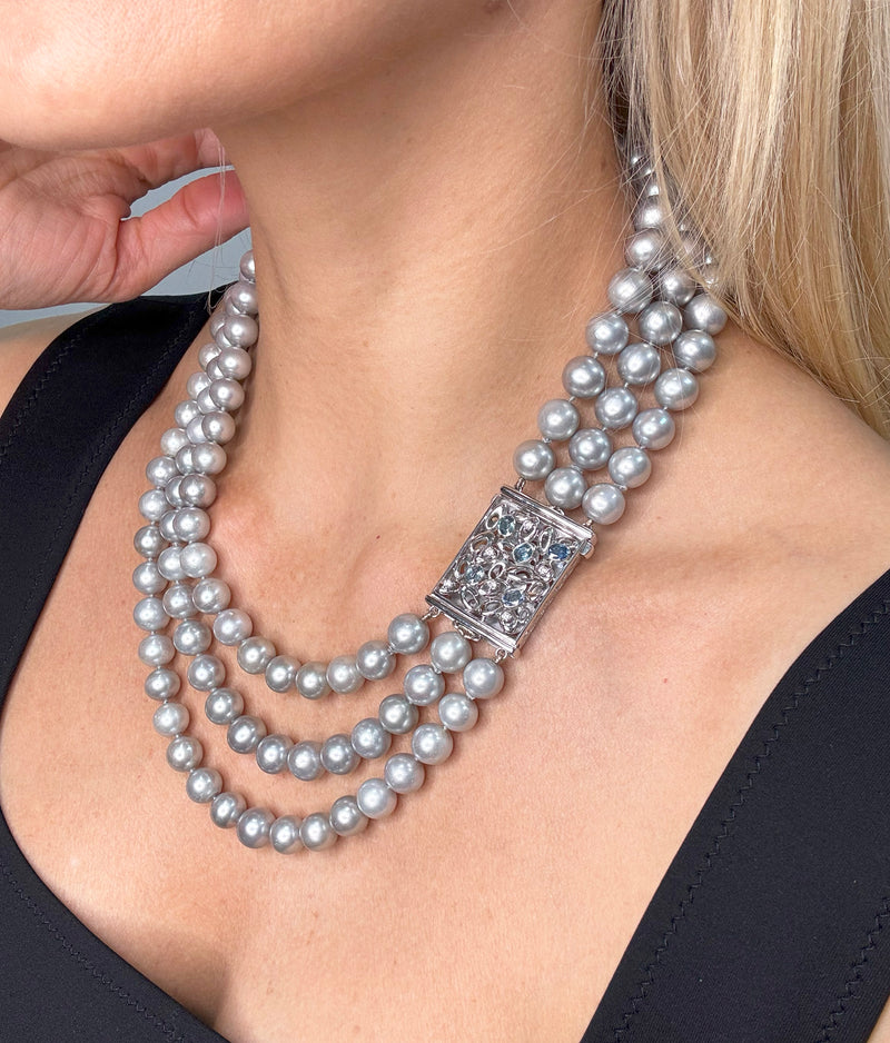 Multi Strand A DIAMOND, SAPPHIRE & Cultured Grey PEARL Necklace 18K White Gold