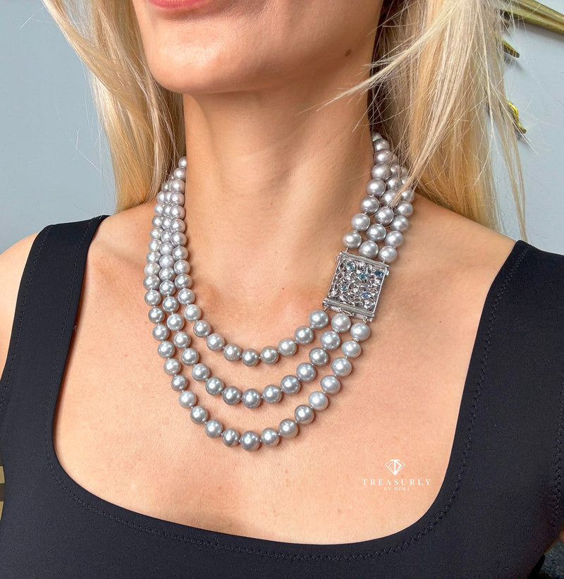 Multi Strand A DIAMOND, SAPPHIRE & Cultured Grey PEARL Necklace 18K White Gold