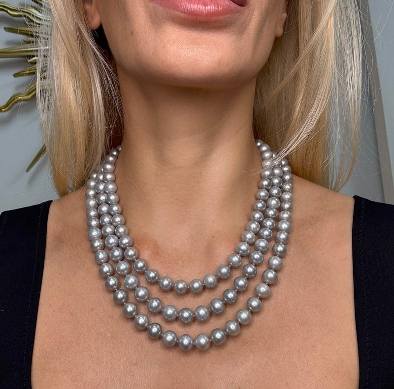 Multi Strand A DIAMOND, SAPPHIRE & Cultured Grey PEARL Necklace 18K White Gold