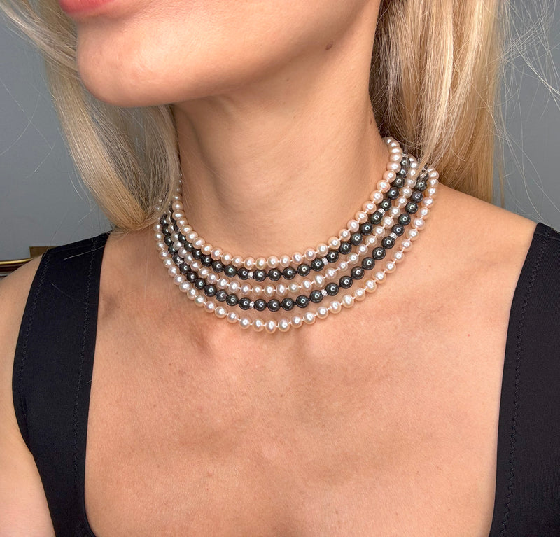 Italian Vintage Graduated White Black PEARL 2.0ctw Diamond 18k White Gold NECKLACE