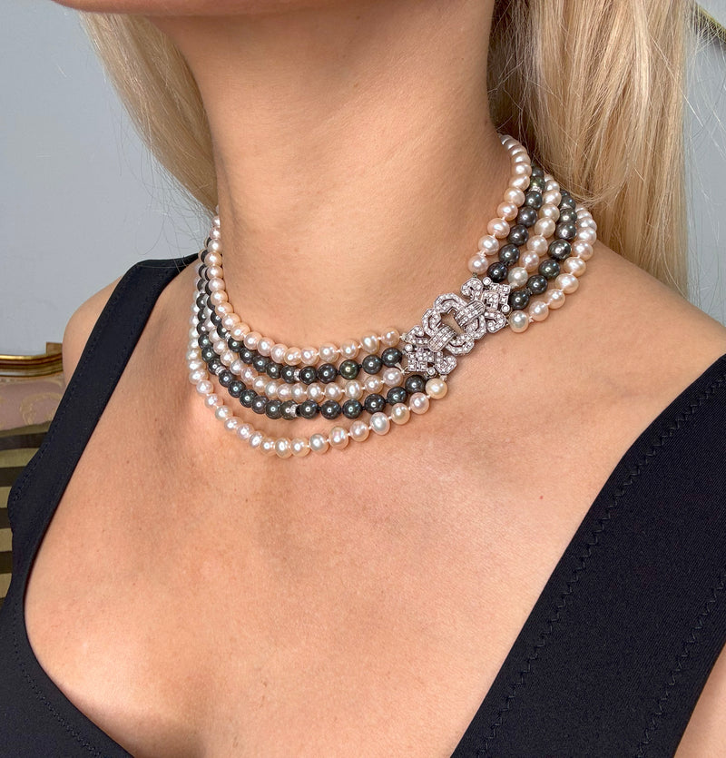 Italian Vintage Graduated White Black PEARL 2.0ctw Diamond 18k White Gold NECKLACE