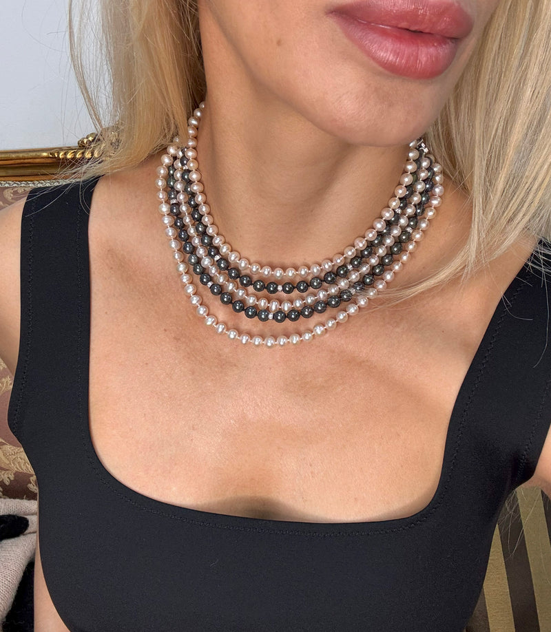 Italian Vintage Graduated White Black PEARL 2.0ctw Diamond 18k White Gold NECKLACE