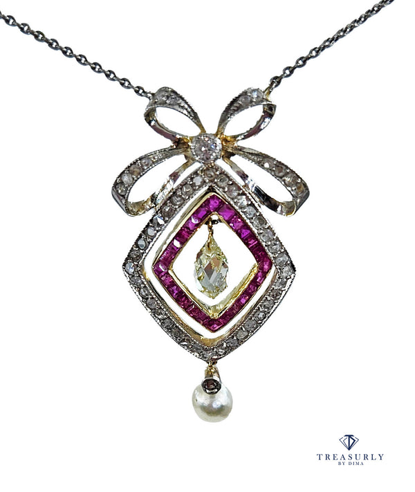 Fine GIA Natural Saltwater Pearl Ruby & Diamond Antique Edwardian Belle Époque Bow LAVALIÈRE Platinum Gold Necklace