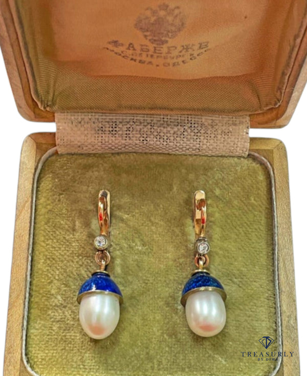 IMPERIAL RUSSIAN Faberge Diamond Pearl Blue Guilloche Enamel 14k Drop Earrings