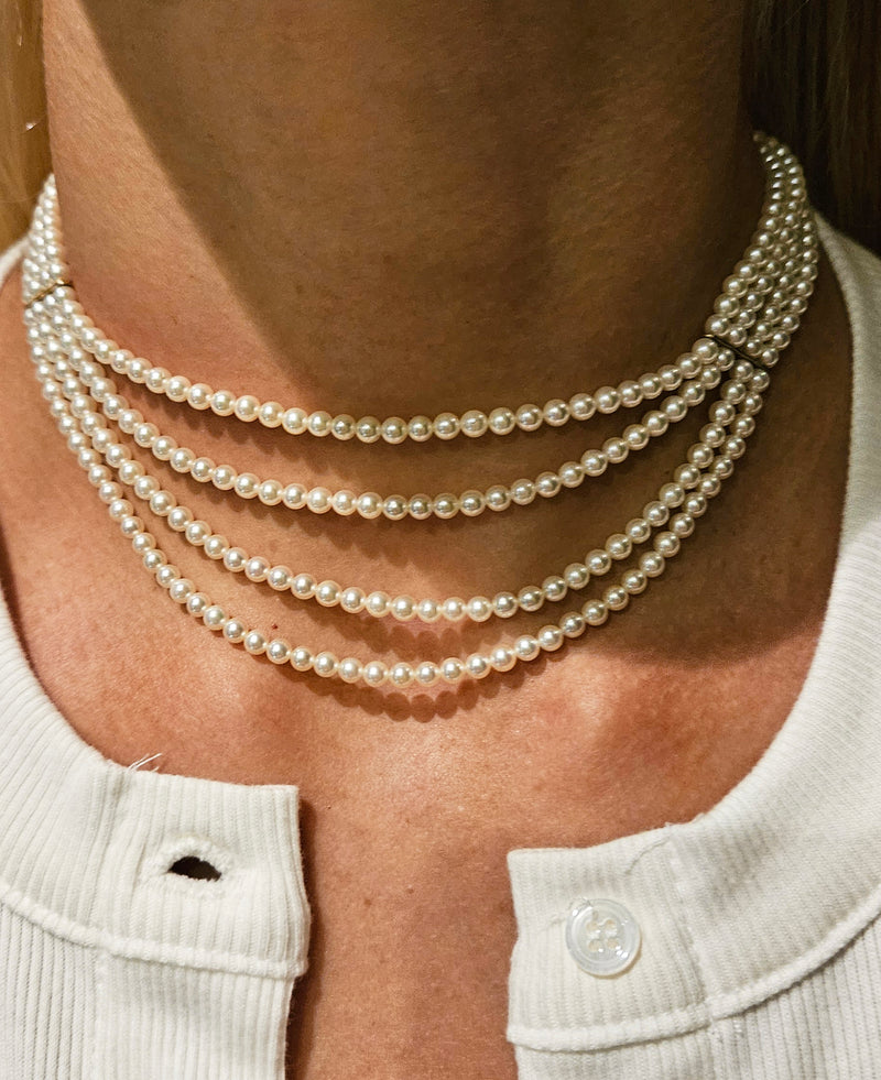 GIA 4-Strand Saltwater Akoya Japanese Pearl Diamond 14K Yellow Gold Vintage Necklace