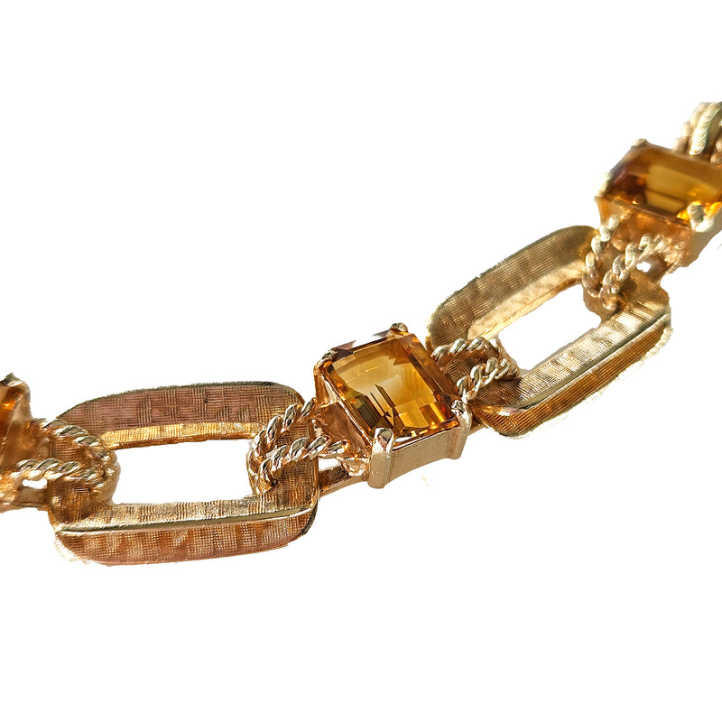 Vintage Retro 18.90ctw Emerald cut Citrine Line Link 14k Yellow Gold Bracelet