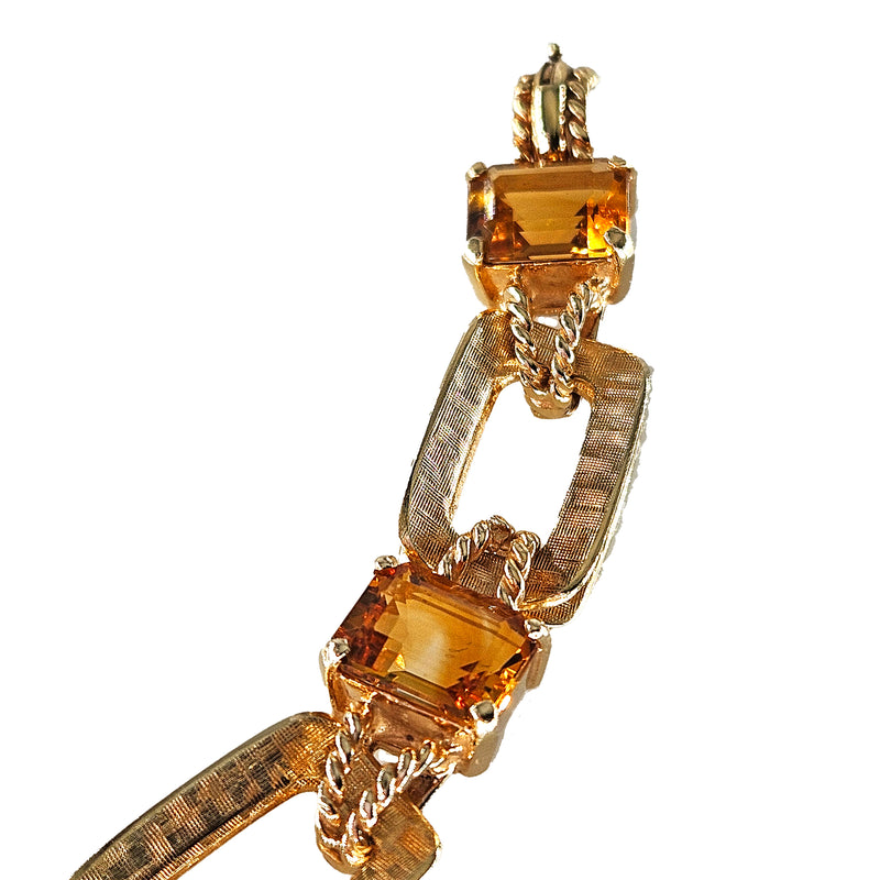 Vintage Retro 18.90ctw Emerald cut Citrine Line Link 14k Yellow Gold Bracelet