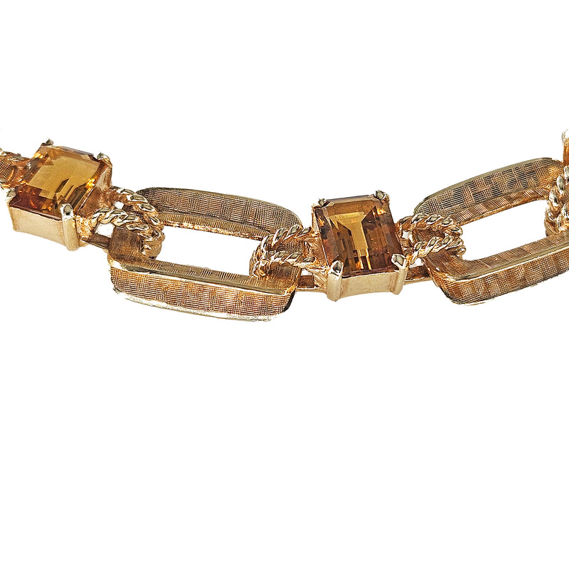 Vintage Retro 18.90ctw Emerald cut Citrine Line Link 14k Yellow Gold Bracelet