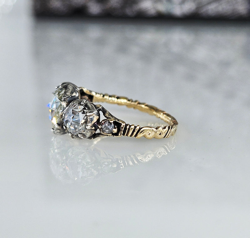 Authentic Georgian 1760s 3-Stone Diamond Engagement 14k Yellow Gold Silver Ring