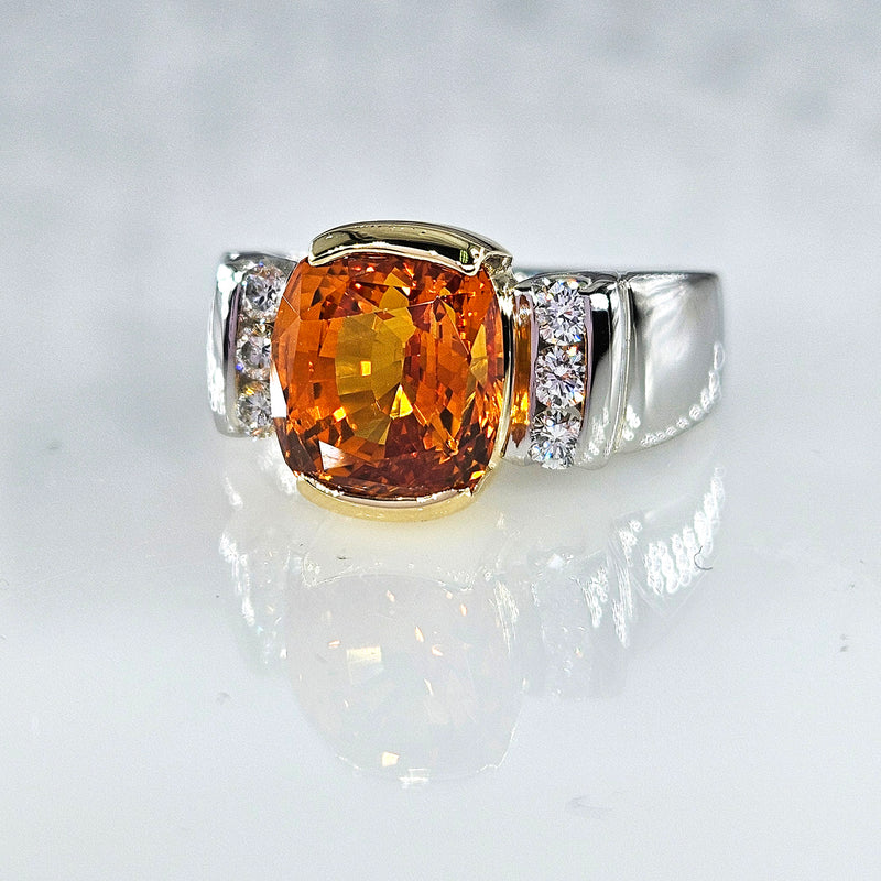 AGL 5.26ctw Natural Ceylon Orange Cushion Sapphire Diamond Platinum 18K Ring