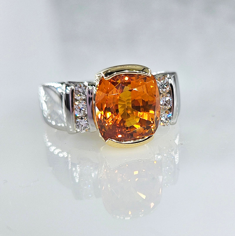 AGL 5.26ctw Natural Ceylon Orange Cushion Sapphire Diamond Platinum 18K Ring