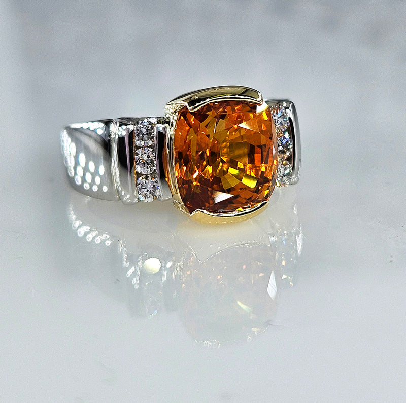 AGL 5.26ctw Natural Ceylon Orange Cushion Sapphire Diamond Platinum 18K Ring