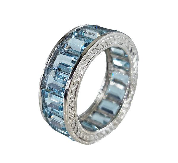 Wide Estate Eternity Aquamarine Wedding Anniversary 14K White Gold Channel Set Band Ring, size 7