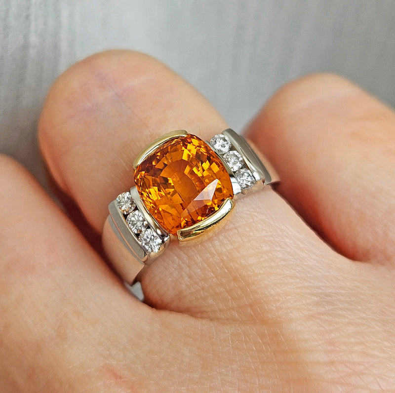 AGL 5.26ctw Natural Ceylon Orange Cushion Sapphire Diamond Platinum 18K Ring