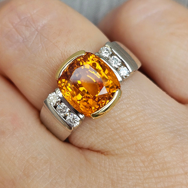 AGL 5.26ctw Natural Ceylon Orange Cushion Sapphire Diamond Platinum 18K Ring