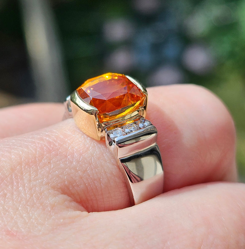 AGL 5.26ctw Natural Ceylon Orange Cushion Sapphire Diamond Platinum 18K Ring