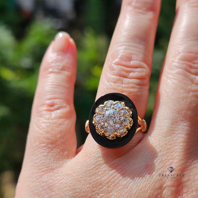 Antique 1880s Victorian Diamond Onyx Cocktail Cluster Wedding Engagement Ring