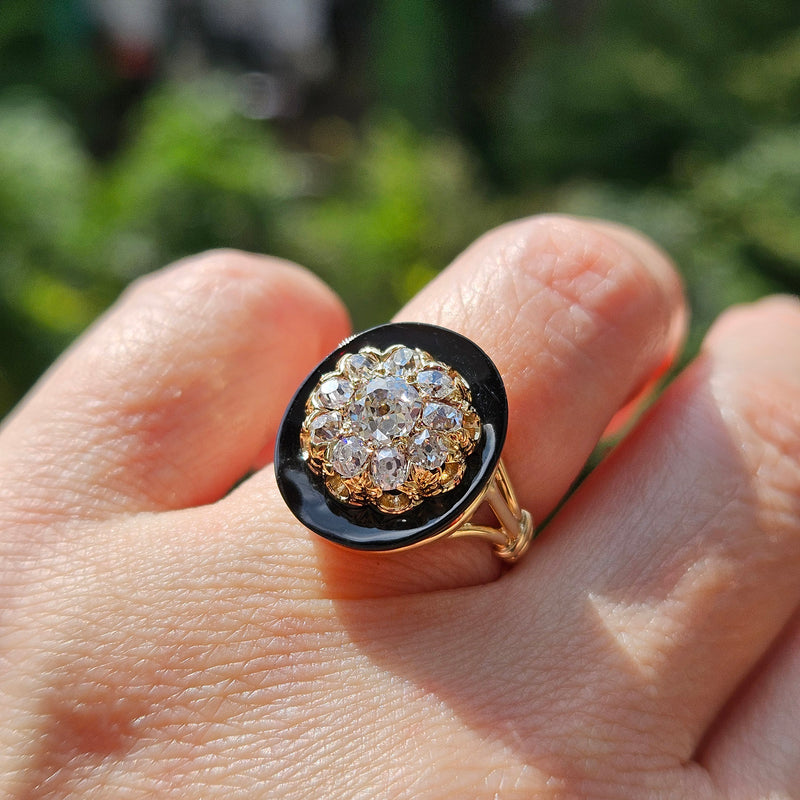 Antique 1880s Victorian Diamond Onyx Cocktail Cluster Wedding Engagement Ring