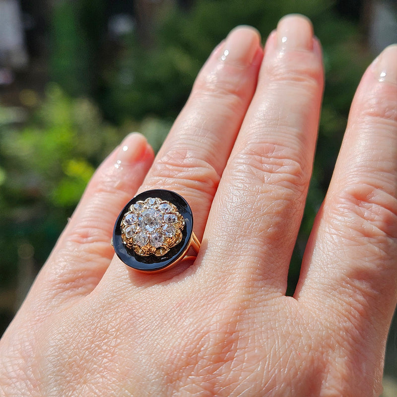 Antique 1880s Victorian Diamond Onyx Cocktail Cluster Wedding Engagement Ring